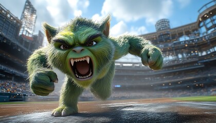 Green beast sprints on field, stadium backdrop