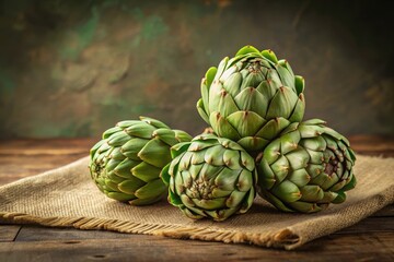 Fototapeta premium Fresh Artichokes on Rustic Burlap Cloth, a Still Life of Vibrant Green Vegetables Displayed on a Weathered Wooden Surface