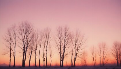 Obraz premium winter, landscape, snow, trees, pine, sunset, twilight, serene, tranquil, forest, pastel, gradient, sky, moon, soft, calm, peaceful, scenic, nature, atmospheric, elegant, artistic, minimalist, aesthet