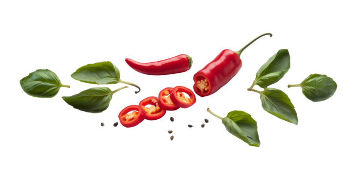 red chili peppers and basil leaves on white background