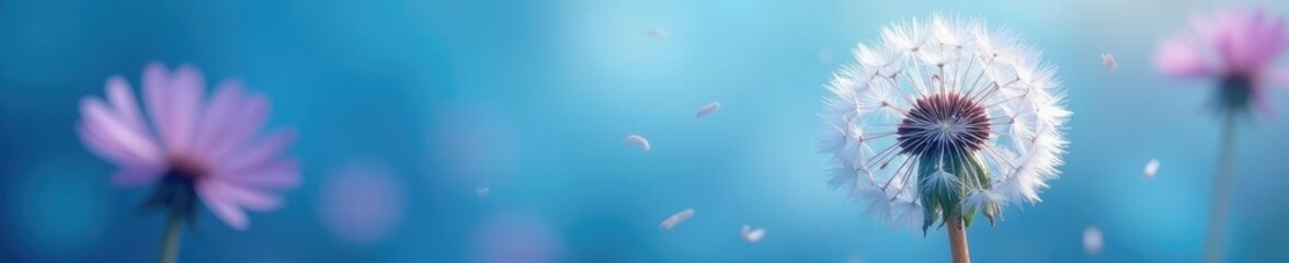 Naklejka premium Delicate white dandelion petals on a pink and blue flower stem, blue, floral