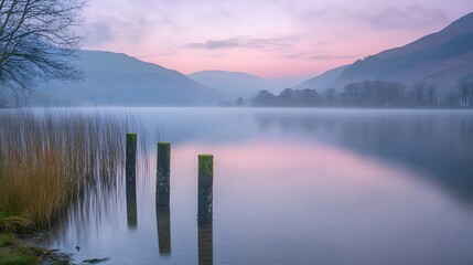 Fototapeta premium Peaceful sunrise over a misty lake with mountains and trees reflecting on the calm water