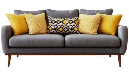 Stylish gray sofa adorned with patterned and solid yellow accent pillows showcasing modern design