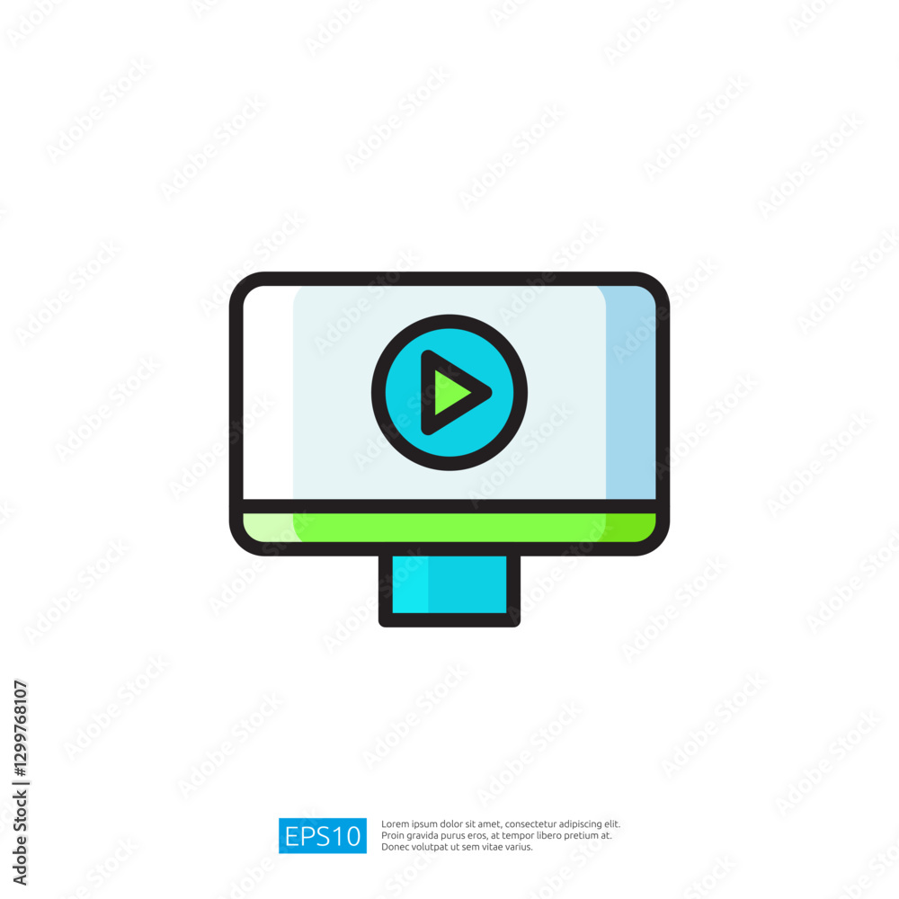 Poster colorful digital play button icon on a computer screen representing modern multimedia and interactiv