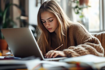 A student, young woman, in a study room, deeply focused on completing her homework on a laptop, with her notes and assignments spread out.