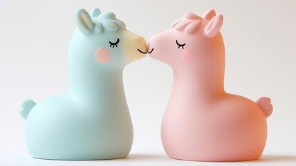 Adorable Pastel Llama Figurines Kissing Against a Soft White Background - Cute and Whimsical Home Decor for Children's Rooms