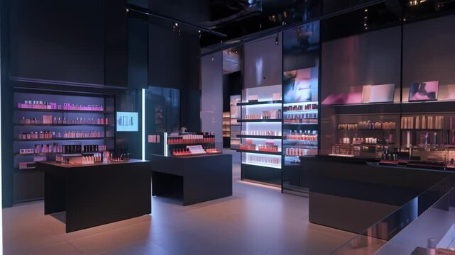 Sleek and modern cosmetics store interior showcasing interactive displays, digital signage featuring a model's face, and a wide array of beauty products illuminated by ambient lighting