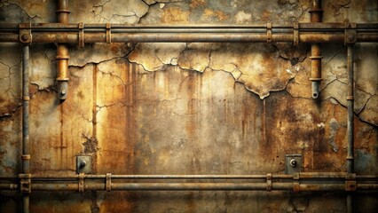 Fototapeta premium Rustic Weathered Wall with Industrial Piping Detail Featuring Aged Metal Texture and Cracked Plaster Surface