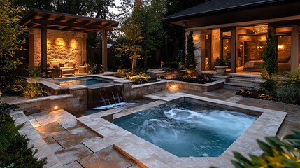 Luxurious Backyard with Pools Waterfall and Outdoor Living Space
