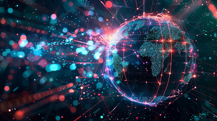 Obraz premium A glowing digital globe surrounded by data streams, symbolizing global connectivity, artificial intelligence, and big data