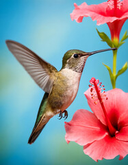 Fototapeta premium Tiny Hummingbird Hovering Near a Colorful Flower