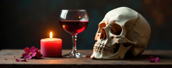 An unlit candle and a glass of wine rest beside a skull, wine, peaceful