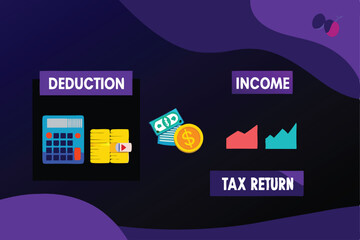 Design a vibrant collage visualizing key tax terms and financial ICOs, incorporating relevant imagery and a modern aesthetic.