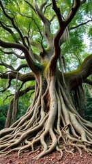 Obraz premium Ancient tree with sprawling roots and dense foliage, wild, forest, majestic