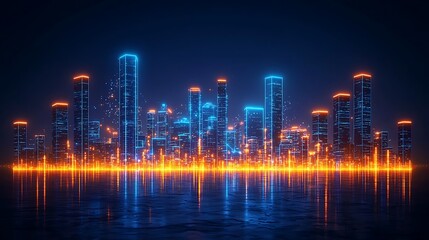 Obraz premium City skyline at night with blue and orange lights reflecting on the water