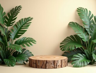 Wooden Podium with Monstera Leaves