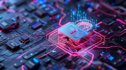 A futuristic data protection concept featuring a glowing augmented reality display of a digital padlock, holographic security interface floating in mid-air