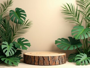 Wooden Podium with Monstera Leaves