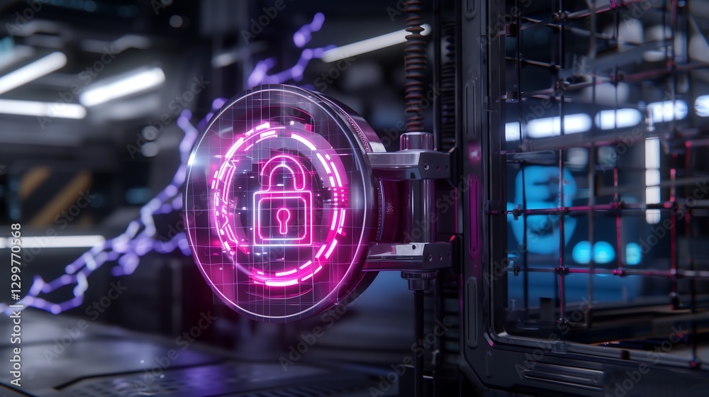 Poster a futuristic hacker-proof system with an ai-driven augmented reality display, holographic padlocks a