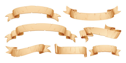 Variety of parchment ribbons in different orientations. Blank vintage paper, perfect for historical or fantasy themes. Vector cartoon illustration