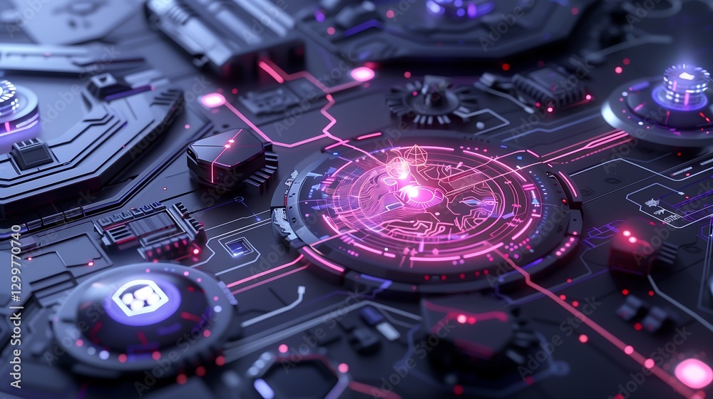 Poster a futuristic hacker-proof system with an ai-driven augmented reality display, holographic padlocks a