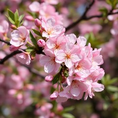 Almond tree in bloom with delicate pink petals, flowers, branches, leafy