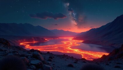 A fiery, molten lake stretches across a barren landscape under a dark and starry sky, burning, fire, wilderness