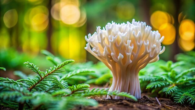 White Coral Fungus (Clavulina coralloides) in Spruce Needles - Minimalist Forest Mushroom Photography