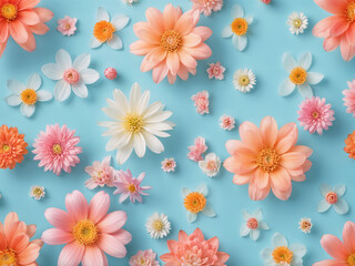 Abstract glow soft Flowers composition. Pattern made of colorful flowers on pastel blue illustration background