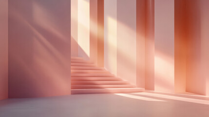 A sophisticated digital artwork showcasing elegant diagonal light beams cascading across the frame in shades of muted blue, pink blush, and subtle lilac