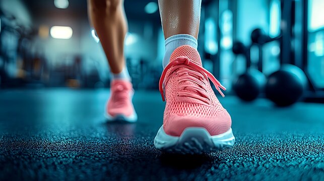 Feet wearing pink shoes running in a gym with exercise equipment in the background
