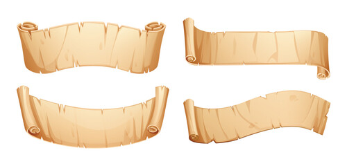 Set of parchment scrolls with rolled ends and different orientations. Blank vintage paper, perfect for historical or fantasy themes. Vector cartoon illustration