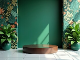 Wooden Podium Tropical Mockup