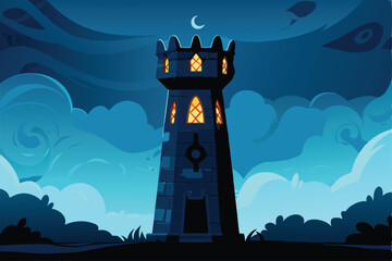 A menacing dark wizard's tower, craggy and imposing, silhouetted against a swirling, violent storm.  Eerie lightning illuminates the scene.