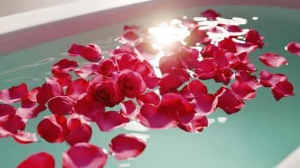 Tranquil Moments with Floating Rose Petals in a Bathtub