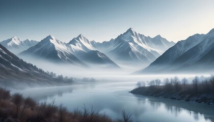 Fototapeta premium mountains, snow, winter, landscape, mist, fog, serene, tranquil, scenic, frozen, icy, cold, peaceful, nature, wilderness, majestic, ethereal, atmospheric, dramatic, alpine, valley, river, lake, 