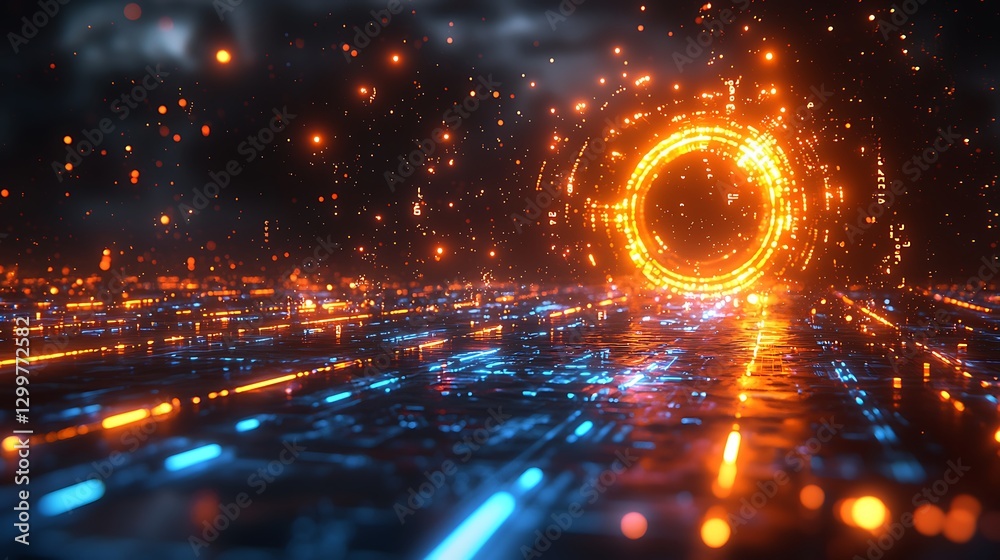 Wall mural glowing orange circle over grid-like floor with blurry background for sci-fi use