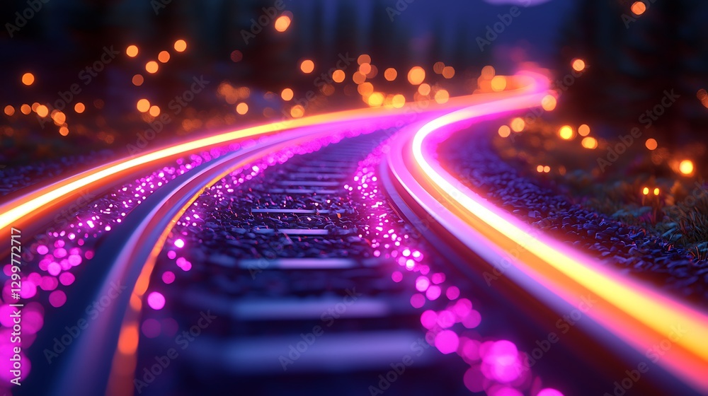 Wall mural glowing train tracks in forest with bokeh effect for an abstract wallpaper use