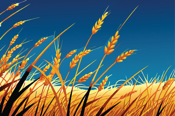 A detailed close-up photograph of a sunlit wheat field, showcasing ripe golden wheat stalks and intricate details of the grain heads. © ndomble