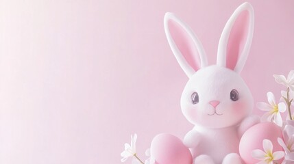 Obraz premium Festive Easter banner featuring a delightful cute bunny, vibrant colorful eggs, and beautiful flowers