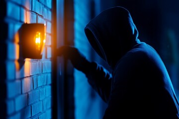 A burglar sneaking near a house, but a home security and insurance alert system is activated.
