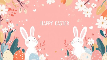 Delightful Easter background showcasing pastel-colored bunnies, eggs, and flowers in a simple flat illustration style with a cute aesthetic, featuring the text "HAPPY EASTER". 