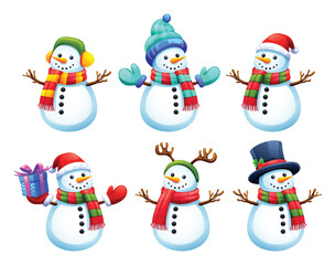 Collection of snowmen in various poses, with different accessories such as scarves, hats, and gifts. Vector cartoon illustration