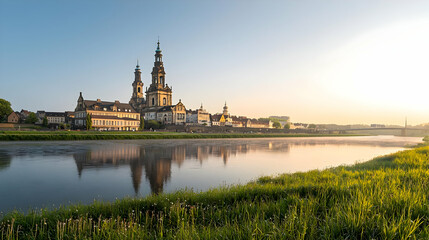Dresden Cityscape At Sunset With Reflective Water And Historic Architecture Under Clear Sky In Germany