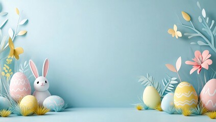 Festive Easter banner featuring a delightful cute bunny, vibrant colorful eggs, and beautiful flowers