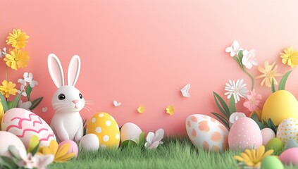 Obraz premium Festive Easter banner featuring a delightful cute bunny, vibrant colorful eggs, and beautiful flowers