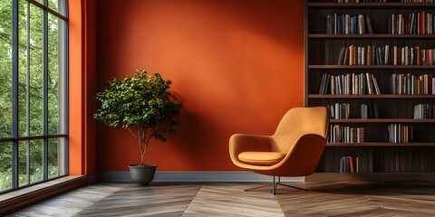Cozy Reading Nook: Orange Walls, Bookcase, and Armchair