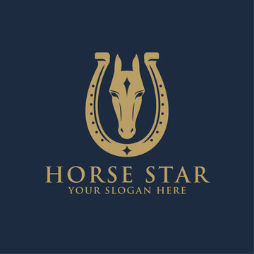 Elegant Classic White Horse Head with Horse shoe Logo, Horse Logo, Horse shoe Logo.