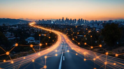 Road leading to city at dusk with network connections, for technology concept use