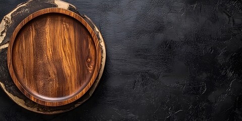 Dark Rustic Wooden Plate on Black Background Food Photography Mockup